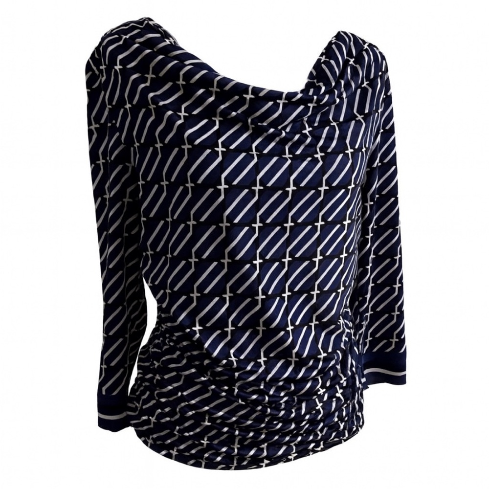 New York & Company Blue and White Patterned Blouse